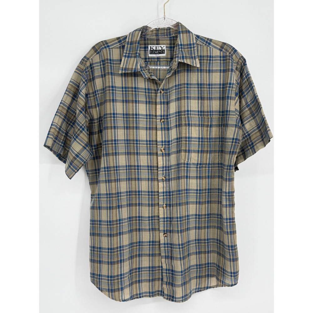 Key Elements Mens Short Sleeve Plaid Button Down Shirt Blue Tan Brown Sz L